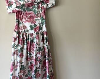 Vintage 1980's Gunne Sax Floral Mid Lenght Dress Off the Shoulder Party Dress 5/6