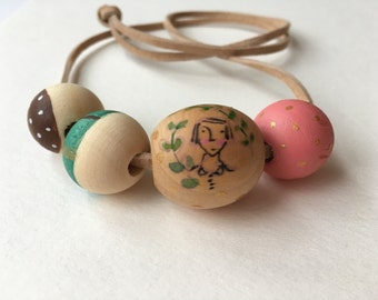 SALE - Wooden bead necklace, painted wood beads, portrait, hand made jewelry, original art