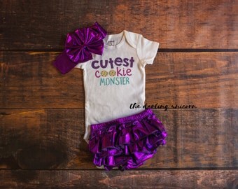 Cutest cookie monster infant girl bodysuit, baby girl bodysuit, baby girl outfit, purple bloomers, cookie monster, cutest baby, ruffles