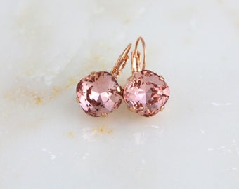 Rose Gold Bridal earrings, Crystal Wedding earrings, Bridal jewelry, Blush crystal earrings, Blush wedding, Cushion cut, Swarovski earrings