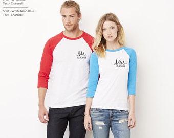 Mr. & Mrs. Baseball Tee with 3/4 Sleeve with wedding dates, Wedding Gift, Mr. and Mrs. Shirts, Mr. Mrs. Baseball Shirt, Wedding Shirts