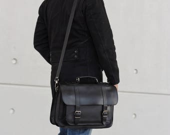 Black Leather Briefcase, men, Laptop Bag 15'' , Shoulder strap bag, leather messenger men/ women, full grain leather made in greece