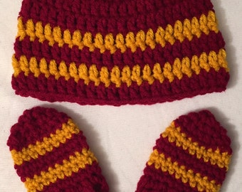 Harry Potter Baby Beanie and Mittens Newborn Crochet Handmade Hogwarts House Set Hermione Costume Gryffindor Slytherin Ravenclaw Hufflepuff