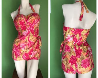 50's Hawaiian Sarong Style Playsuit Swimsuit Vibrant Colors Aiko Originals