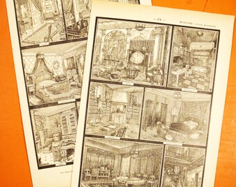 Modern Style Furniture Lithographs - Set of 2 Prints - 1920's Larousse - French Lithograph - Printed in Paris, France - 100% Original
