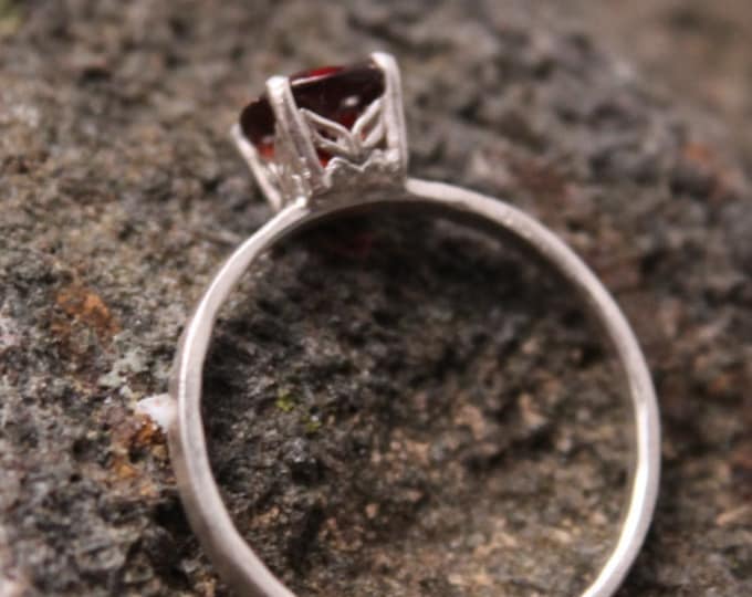 Sterling Silver Garnet Solitaire Ring, Size 7 January Birthstone Ring, Birthday Gift, 6 mm Butterfly Gemstone Mount, Red Gem, Gift for Her