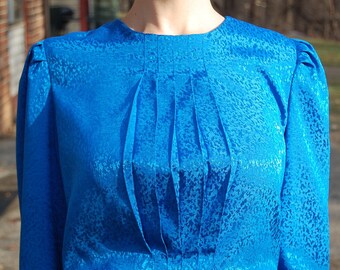 80s High neck pleated dress with long sleeves and shoulder pads in cobalt blue | Women's Summer to Fall day dress | 7 | 8