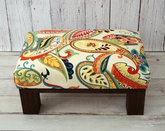 Pouf ottoman - upholstered ottoman - upholstered footstool colorful - footstool - rustic furniture - small footstool - wood ottoman - pouffe