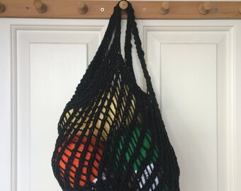 Black hand knit mesh market bag, reusable eco-friendly string shopping bag, environmentally friendly cotton net market tote, gift for her