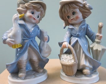 Porcelain Figurines, Pair of Vintage Figurines, Girl and Boy Figurines in Blues, Cream, and Tan. Made by KPM, Sweet Heart Figurines - V103