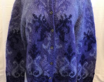 Vintage Mohair Sweater, Purple Cardigan, Size Medium Large, Hand Knit 90's