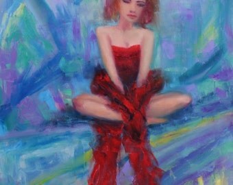woman painting blue home decor abstract art female art blue red painting wedding gift oil painting original art canvas painting gift й1