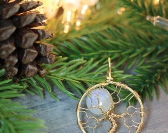 14k gf Rainbow Moonstone Tree of Life Pendant Luxury Gold Filled Necklace Celestial Full Moon Wire Wrapped Jewelry Gold Moonstone Necklace