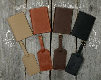 Leather Passport Holder and Luggage Tag Gift Set with Free Monogram - Travel Accessory Gift for Man Boyfriend Husband Brother Dad Grad
