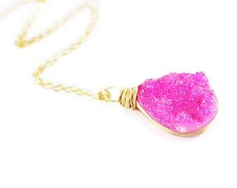 Pink Gold Druzy Necklace, Hot Pink Druzy Necklace, Drusy Teardrop Necklace, Druzy Gemstone Necklace, Bright Pink Necklace, Gold Pendant