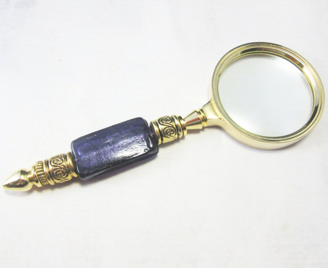 magnifier glass gold with purple art glass bead gift for