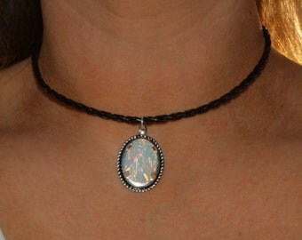 Opal Choker, Boho Opal and Leather Choker, Moonstone Choker, Black Leather Choker, White Fire Opal Hippie Chic Necklace, Faceted Opal