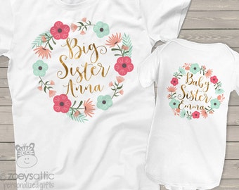big sister little sister shirt set baby sister - adorable floral matching sibling set w/ glitter or foil for matching sister shirts BSNWRTH