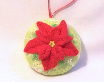 Christmas Ornament - Needle Felted - Red Poinsettia - Needlefelt Ornament - Chartreuse - Felt Christmas - Christmas Gift