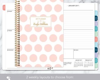 weekly planner 2017-2018 calendar choose start month | add monthly tabs student planner personalized agenda | pink and gold polka dots