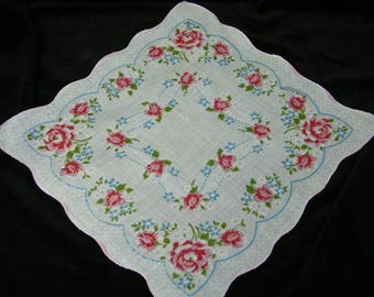 Vintage 40's 11" Scalloped Pink Roses Floral Wedding Favor, Banner, Pocket Square Handkerchief - 9844