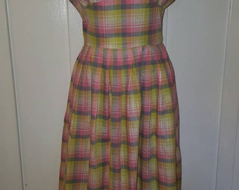 Vintage 1950s Pastel Pink Plaid Cotton Dress