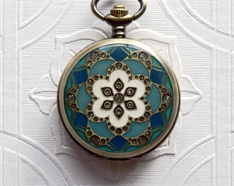 Pocket Watch Locket Pendant Necklace Set Teal Turquoise Blue & Emerald Floral Lotus Mandala
