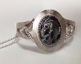 Whiting & Davis Hematite Clamper Bracelet – Cleopatra Egyptian Revival – 1950s Jewelry