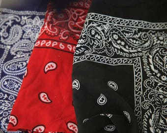 3 Vintage Bandana Scarves Lot: Red and Blue and Black,aoo 100% cotton