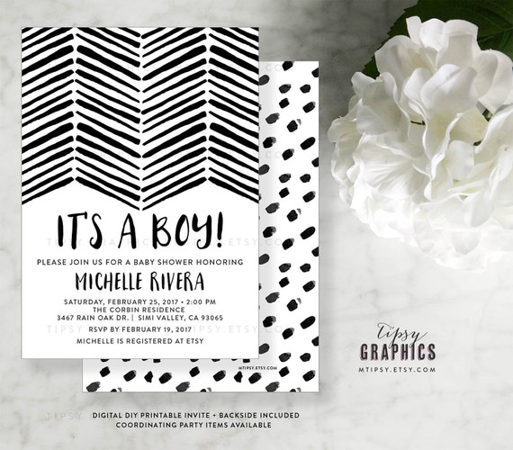 Black and White BoHo Baby Shower Printable Invitation. Gender Neutral. It's a Boy. Girl. Twins. By Tipsy Graphics Il_570xn