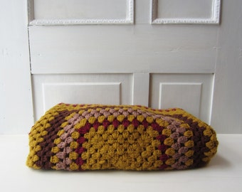 Vintage Afghan Throw Blanket - Lap Blanket - Gold, Maroon, Brown, Purple - 1970's - Boho Home Decor