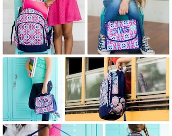 Pink, Mint, Navy Tile Monogrammed Backpack, Matching Lunchbox can also be purchased