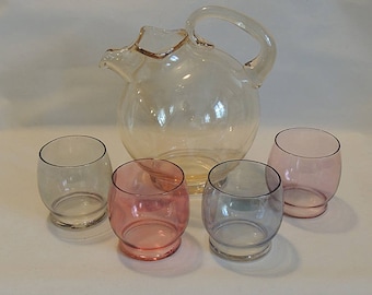 Vintage Mid Century 5 Pc Tinted Multicolor Glass Juice Set.. Pitcher & 4 Glasses