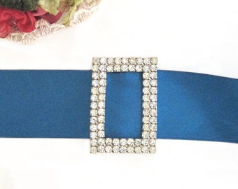 Rhinestone Buckle / Bridal Accessory / Vintage Wedding Glam / 1940s Bling / Rectangle / Two Rows / Faux Diamonds Sparkle / Large Scarf Slide