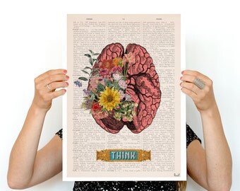 Think, Colorful Brain Poster, anatomical art, Brain art,flower art, Human Brain poster doctor gifts SKA131PA3