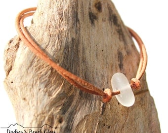 Hawaiian Clear Beach Glass on India Leather Cord Completely Adjustable & Stackable Bracelet