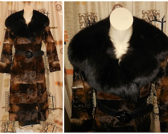 Vintage 70s Long Fur Coat Brown Pony Fur Large Fox Fur Collar Patchwork Look Swinger Cut Boho Fur Coat S chest to 36
