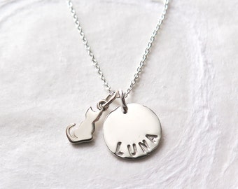 Cat Necklace, Personalized, Cat's Name, Pet Memorial Necklace, Cat Lover Gift, Pet Loss, In Memory, Cat Charm, Sterling Silver