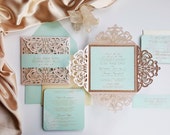 Blush Wedding Invitation Laser cut with double layer - Laser cut blush wedding invite with custom bellyband {Begonia design - Sku: BegBar01}