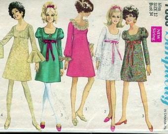 Vintage 1968 Simplicity 7895 Mod Dress With Three Sleeves Sewing Pattern Size 12 Bust 34"