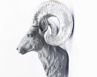 Goat Head, Faux Taxidermy, Ram Head, Animal Wall Mount, Animal Head, Faux Ram Head, Aries, Trophey Mount, Animal Head, Ram, White Ram Head