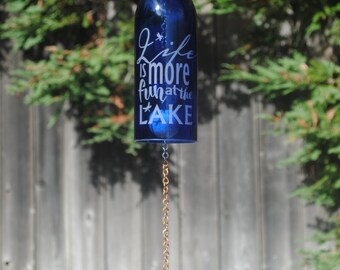 Fun at the Lake Wine Bottle Windchime - Camping Fun Dragonfly Fishing Outdoor Decor Cabin Decor Upcycle Camping Outdoor Hook Heart