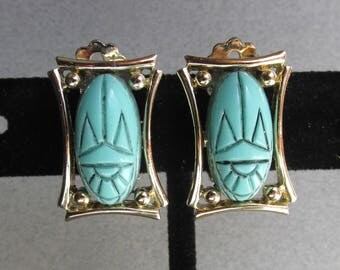 Vintage 1960's Signed JUDY LEE Turquoise Blue Scarab Earrings