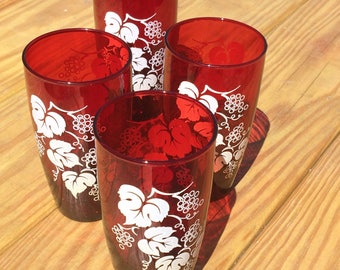 Ruby Red 1950's Drinking Glasses by Anchor Hocking, Vintage Retro Ruby Tumblers w White Grapevine Design, Set of 4 Anchorglass 1960's
