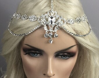 Rhinestone Head Chain, Boho/Halo Vintage Wedding Headband, Customizable, Backside Or Forehead Head Chain,