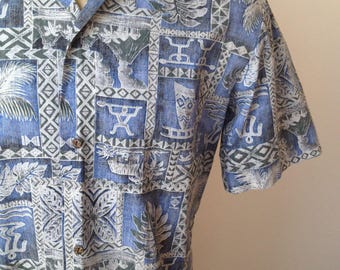 Vintage MENS Royal Creations blue, black, grey & white short sleeve Hawaiian shirt, made in Hawaii