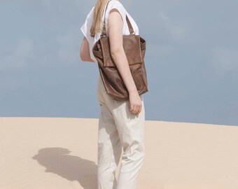 Shoulder Backpack Bag, Brown Leather Backpack Purse, Student Bag, Handmade Tote Bag