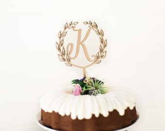 Initial Wedding Cake Topper 5" inches, Letter Cake Topper, Rustic Topper, Wreath Initials Toppers Unique Cute Laser Cut by Ngo Creations