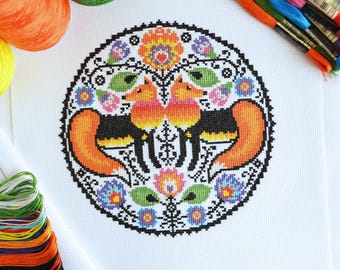 KIT - Folk Foxes Cross Stitch Kit - Polish Folk Art Inspired Modern Cross Stitch - 14 Count Easy Fun and Bright Fox Motifs