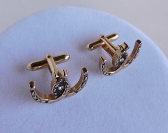 Swank Double Horseshoe Vintage Cuff Links | Gold Rhinestone Executive Cufflinks | Men's French Cuff Shirt | Rodeo Cowboy | GreenTreeBoutique